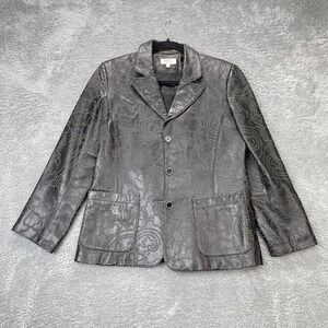 VTG Vakko Jacket Womens Medium Black Leather Floral Embroidered New York Blazer